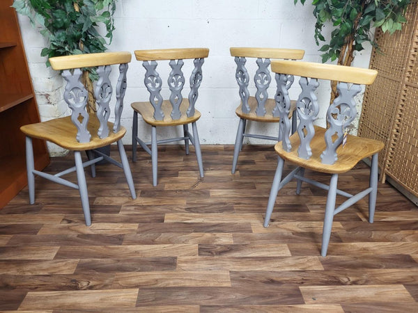 Set x4 Ercol Vintage Dining Chairs Fleur De Lys Grey & Blonde Elm Mid-Century