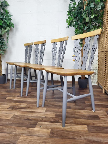 Set x4 Ercol Vintage Dining Chairs Fleur De Lys Grey & Blonde Elm Mid-Century