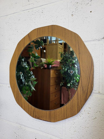 Vintage Mid-Century Round Teak Formica Mirror Retro