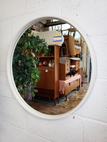 Vintage Mid-Century Round White Wood Frame Wall Mirror Retro Scandi MCM 70's