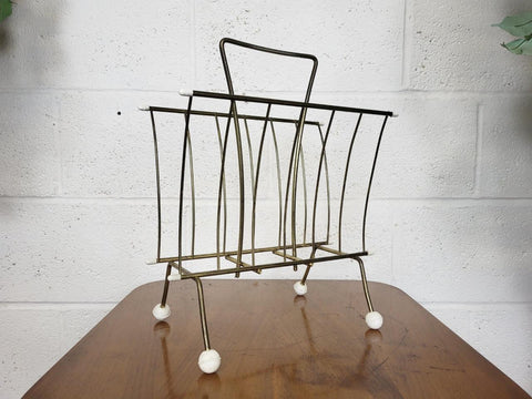 Vintage Mid-Century Magazine LP Rack Brass Metal & White Feet Atomic Sputnik MCM
