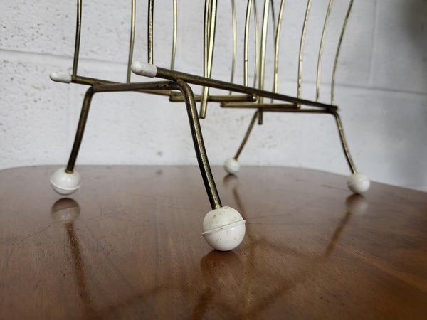 Vintage Mid-Century Magazine LP Rack Brass Metal & White Feet Atomic Sputnik MCM