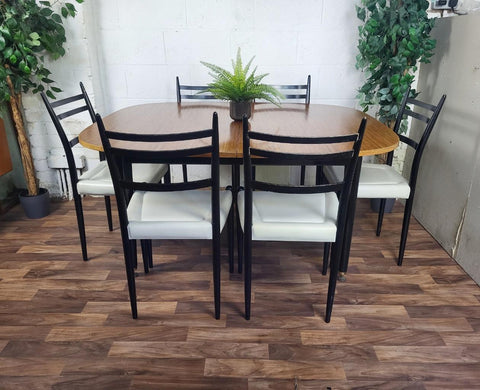 Vintage Mid-Century G Plan Librenza Tola & Black Dining Table & 6 White Chairs