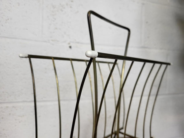 Vintage Mid-Century Magazine LP Rack Brass Metal & White Feet Atomic Sputnik MCM