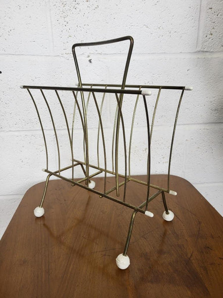 Vintage Mid-Century Magazine LP Rack Brass Metal & White Feet Atomic Sputnik MCM