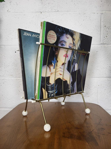 Vintage Mid-Century Magazine LP Rack Brass Metal & White Feet Atomic Sputnik MCM