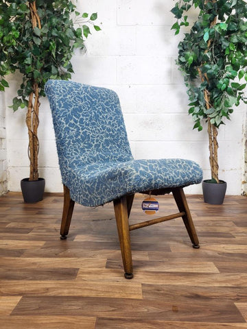 Vintage Mid-Century 1950's Bedroom Slipper Chair Blue Floral Upholstery