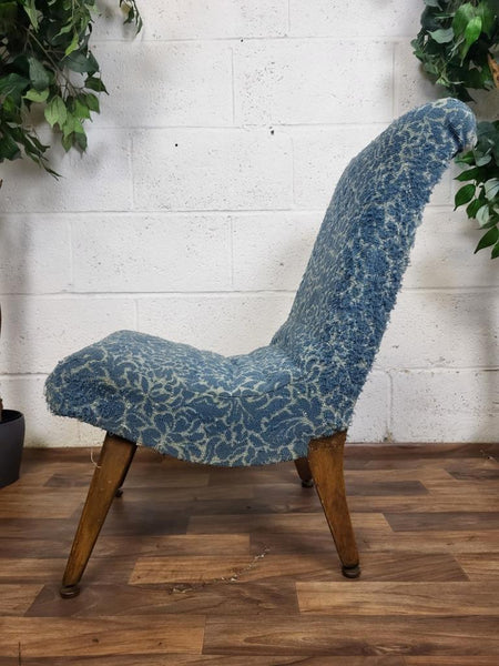 Vintage Mid-Century 1950's Bedroom Slipper Chair Blue Floral Upholstery