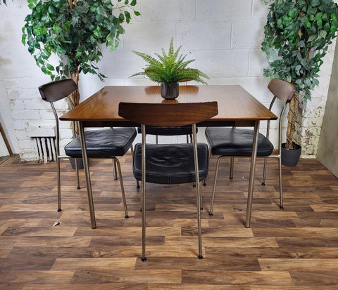 Vintage Mid-Century Stag S Range Teak Dining Table & 4 Black Leather Chairs MCM