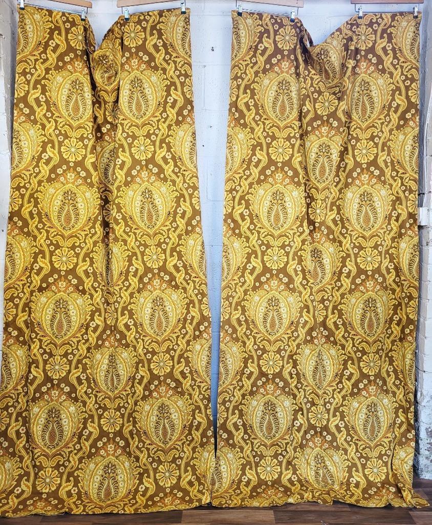 Beautiful Vintage 60's Mid-Century Curtains Brown Yellow Paisley Long 240cm Drop
