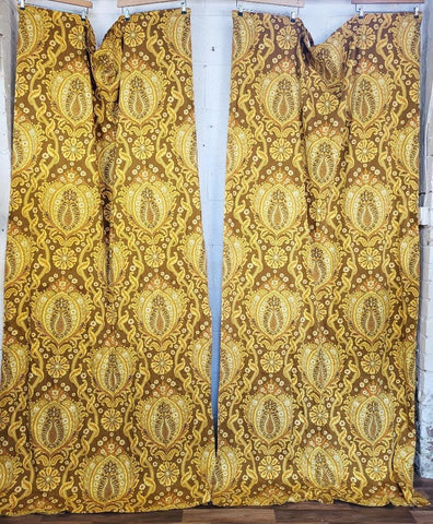 Beautiful Vintage 60's Mid-Century Curtains Brown Yellow Paisley Long 240cm Drop