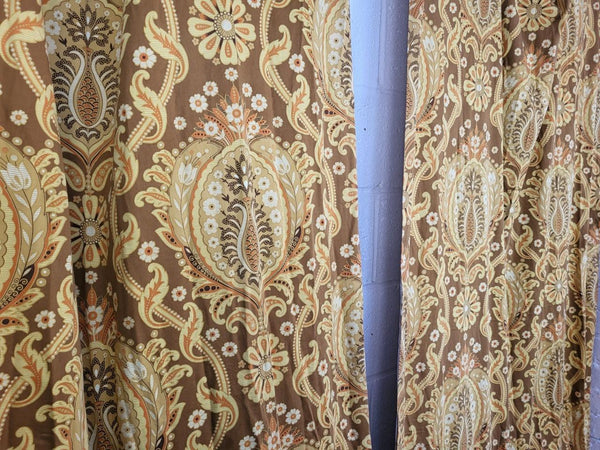 Beautiful Vintage 60's Mid-Century Curtains Brown Yellow Paisley Long 240cm Drop