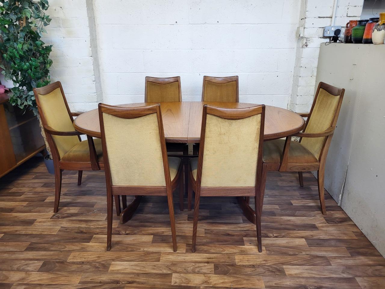 Vintage Mid-Century G Plan Fresco Oval Teak Dining Table & 6 Yellow Chairs