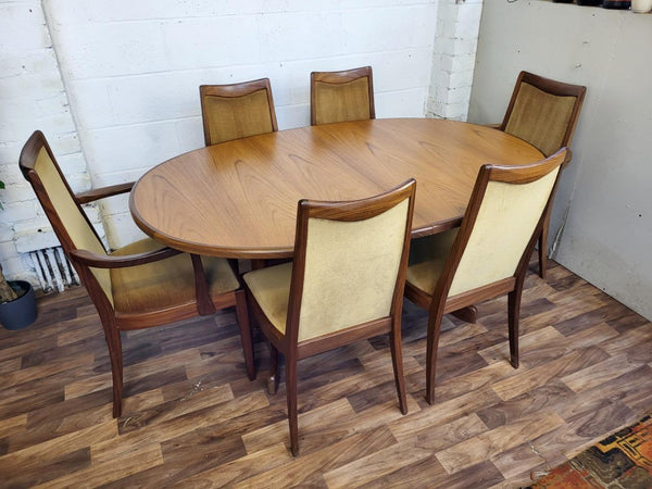 Vintage Mid-Century G Plan Fresco Oval Teak Dining Table & 6 Yellow Chairs
