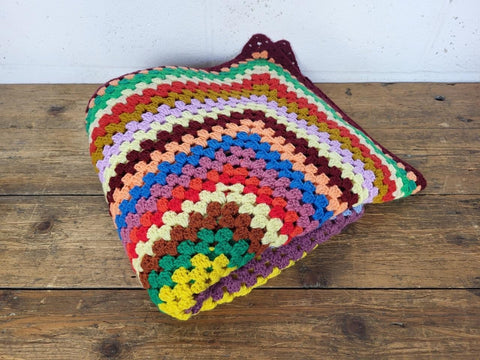 Vintage Handmade Crochet Knitted Blanket Multicoloured Retro Mid-Century