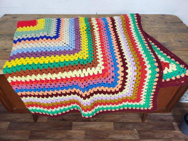 Vintage Handmade Crochet Knitted Blanket Multicoloured Retro Mid-Century