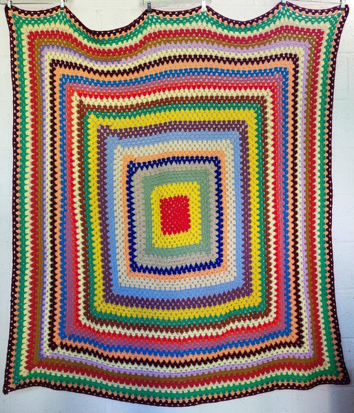 Vintage Handmade Crochet Knitted Blanket Multicoloured Retro Mid-Century