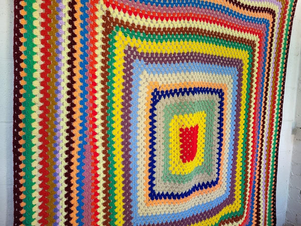 Vintage Handmade Crochet Knitted Blanket Multicoloured Retro Mid-Century