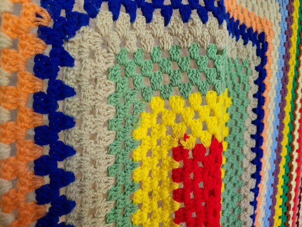Vintage Handmade Crochet Knitted Blanket Multicoloured Retro Mid-Century
