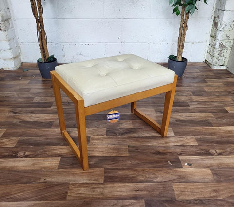 Vintage Mid-Century Beech & White Vinyl Stool Ottoman Danish Scandi Retro MCM