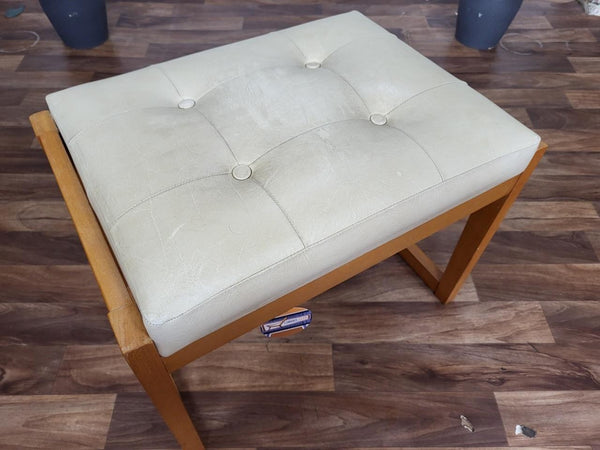 Vintage Mid-Century Beech & White Vinyl Stool Ottoman Danish Scandi Retro MCM