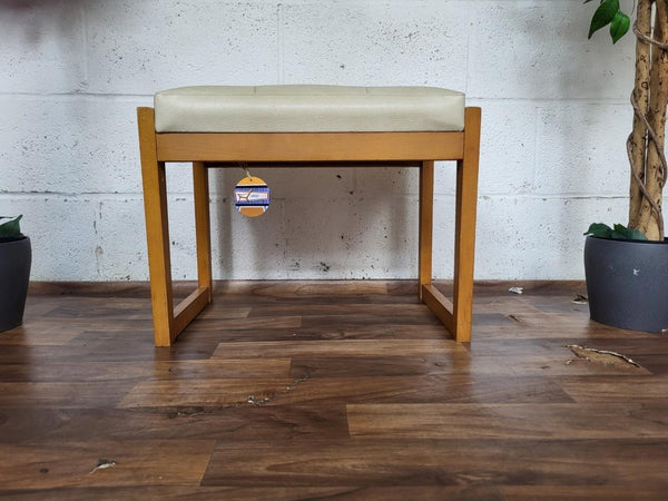 Vintage Mid-Century Beech & White Vinyl Stool Ottoman Danish Scandi Retro MCM