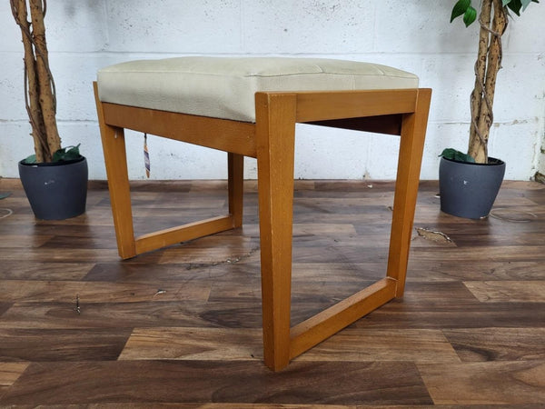 Vintage Mid-Century Beech & White Vinyl Stool Ottoman Danish Scandi Retro MCM