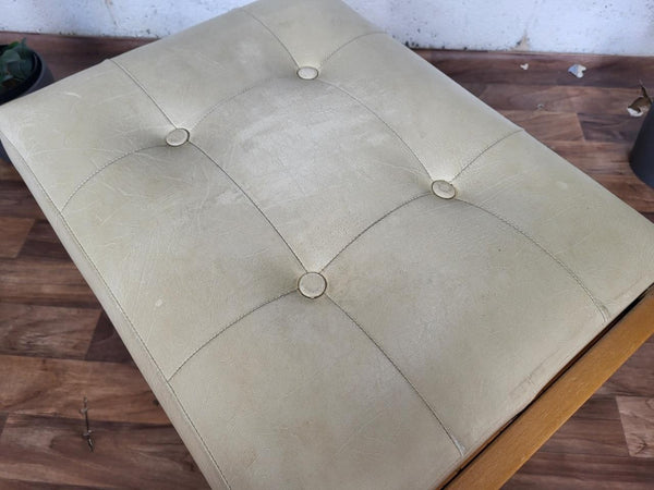 Vintage Mid-Century Beech & White Vinyl Stool Ottoman Danish Scandi Retro MCM