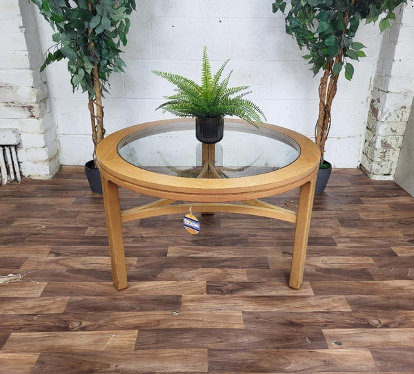 Vintage Mid-Century Nathan Teak & Glass Round Coffee Table Retro MCM