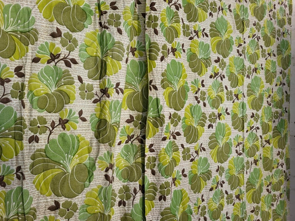 Beautiful Vintage 70's Mid-Century Curtains Green Floral Long 228cm Drop