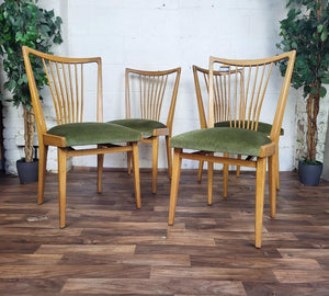 Set Of 4 Vintage Mid-Century Scandinavian Beech & Green Velour Dining Chairs MCM