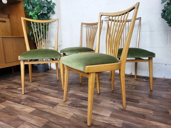 Set Of 4 Vintage Mid-Century Scandinavian Beech & Green Velour Dining Chairs MCM