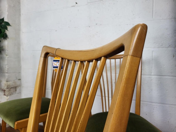 Set Of 4 Vintage Mid-Century Scandinavian Beech & Green Velour Dining Chairs MCM