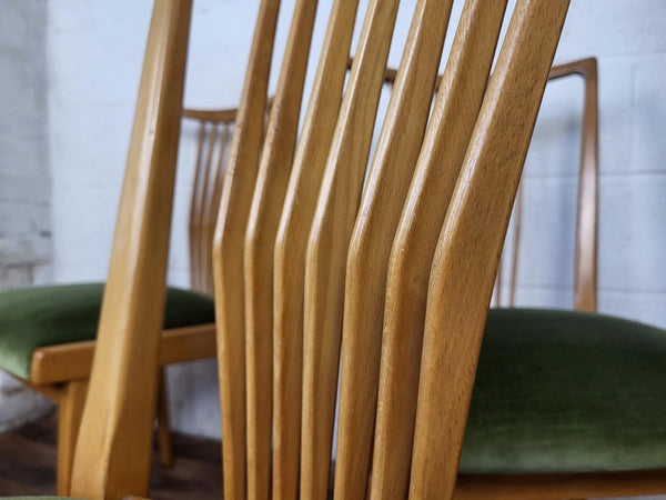 Set Of 4 Vintage Mid-Century Scandinavian Beech & Green Velour Dining Chairs MCM