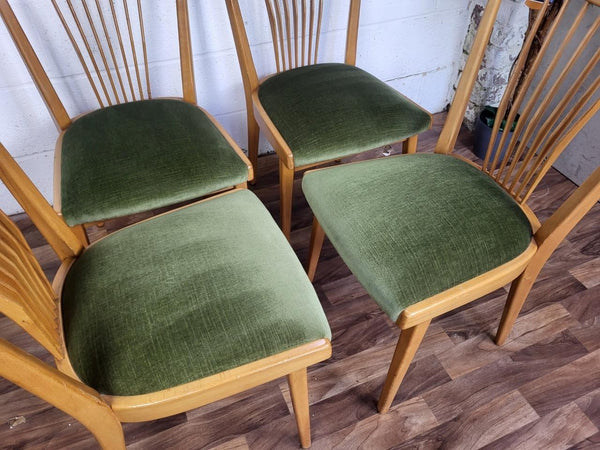 Set Of 4 Vintage Mid-Century Scandinavian Beech & Green Velour Dining Chairs MCM