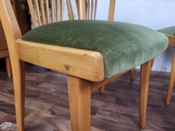 Set Of 4 Vintage Mid-Century Scandinavian Beech & Green Velour Dining Chairs MCM