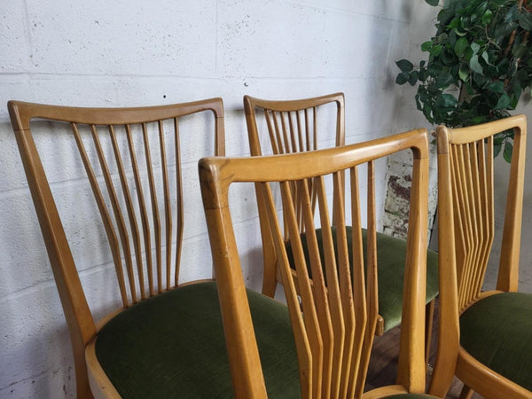 Set Of 4 Vintage Mid-Century Scandinavian Beech & Green Velour Dining Chairs MCM