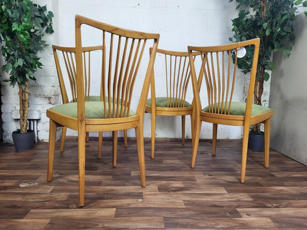 Set Of 4 Vintage Mid-Century Scandinavian Beech & Green Velour Dining Chairs MCM