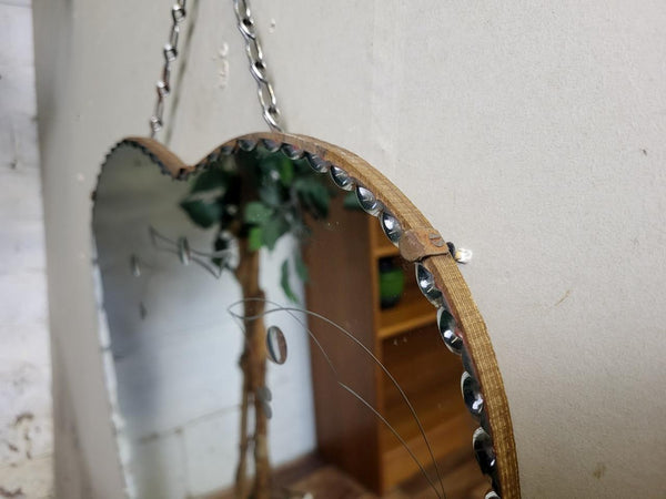 Vintage 1950's Frameless Heart Shaped Mirror On Chain Art Deco