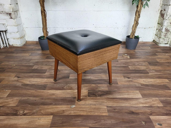 Vintage 60's Sherborne Sewing Box Stool Teak & Black Vinyl Retro Mid-Century MCM