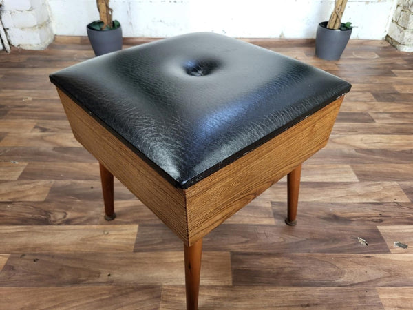 Vintage 60's Sherborne Sewing Box Stool Teak & Black Vinyl Retro Mid-Century MCM