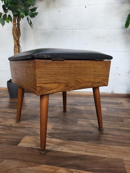 Vintage 60's Sherborne Sewing Box Stool Teak & Black Vinyl Retro Mid-Century MCM