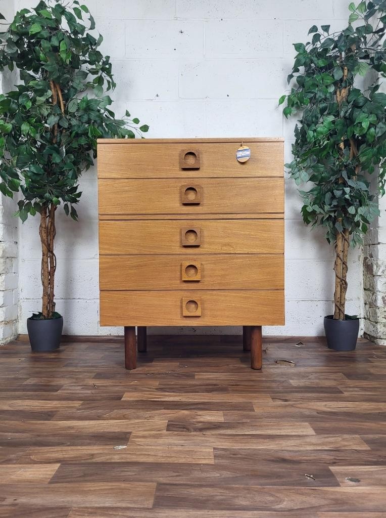 Vintage Mid-Century Uniflex Teak Chest Of 5 Drawers Scandi Danish Retro MCM