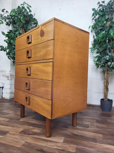 Vintage Mid-Century Uniflex Teak Chest Of 5 Drawers Scandi Danish Retro MCM