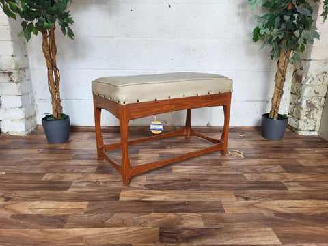 Vintage Mid-Century Teak & Cream Vinyl Wide Stool Bench Pouffe Danish Retro MCM