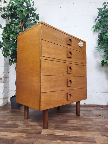 Vintage Mid-Century Uniflex Teak Chest Of 5 Drawers Scandi Danish Retro MCM