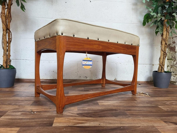 Vintage Mid-Century Teak & Cream Vinyl Wide Stool Bench Pouffe Danish Retro MCM