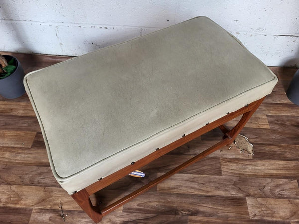 Vintage Mid-Century Teak & Cream Vinyl Wide Stool Bench Pouffe Danish Retro MCM
