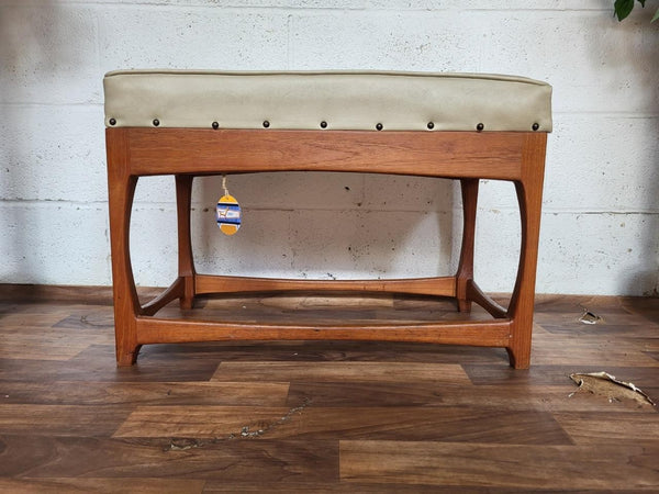 Vintage Mid-Century Teak & Cream Vinyl Wide Stool Bench Pouffe Danish Retro MCM