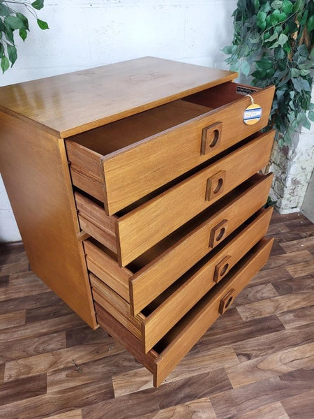 Vintage Mid-Century Uniflex Teak Chest Of 5 Drawers Scandi Danish Retro MCM